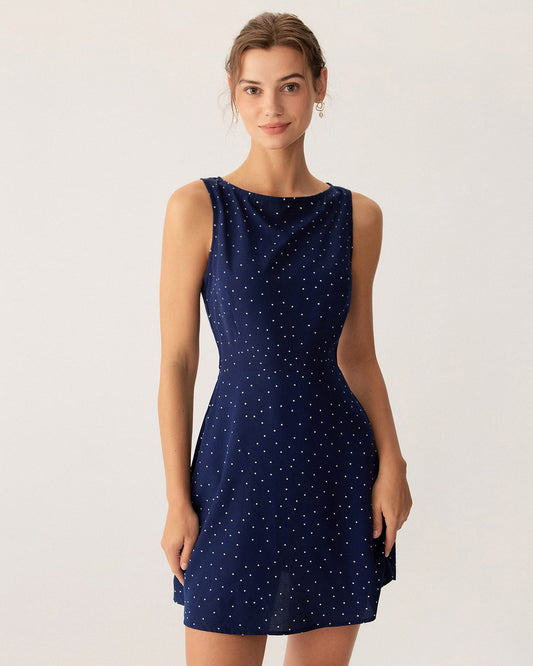 Blaues Polka-Dot ärmelloses Cut-Out Mini-Kleid