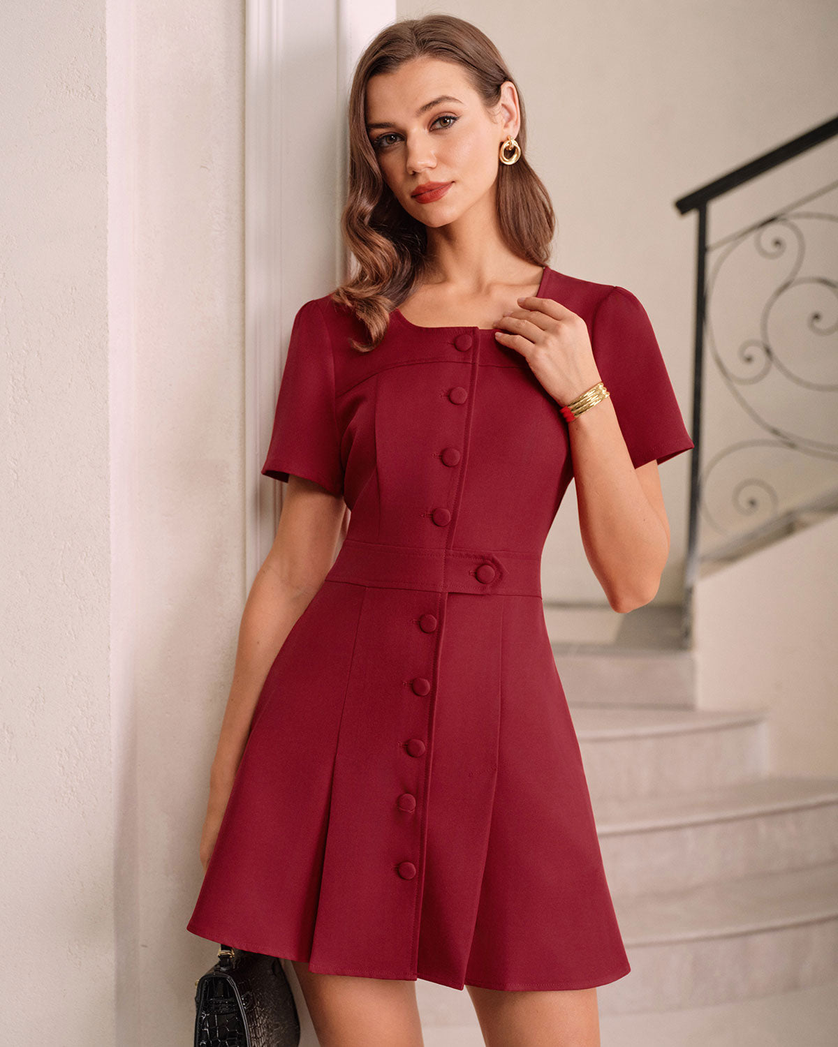 Rotes U-Ausschnitt A-Linien Mini-Kleid
