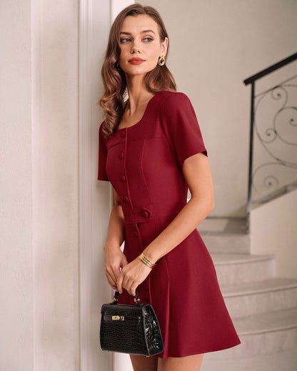 Rotes U-Ausschnitt A-Linien Mini-Kleid